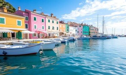 Beautiful harbor view with colorful houses and boats, Generative AI