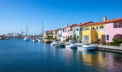 Obraz premium Beautiful harbor view with colorful houses and boats, Generative AI