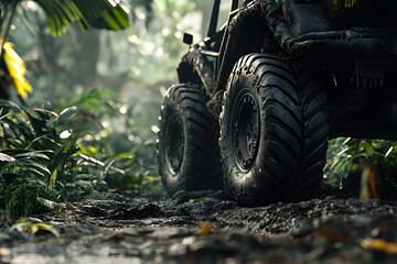 Fototapeta premium Rugged Off-Road Vehicle on Muddy Forest Trail