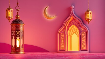 Fototapeta premium Ethereal Ramadan background 3D modern Islamic art depicting an ornamental Arabic lantern, metal moon, and mosque portal. Vibrant complimentary colors 