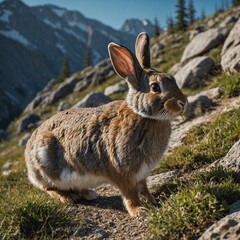 Fototapeta premium Cat is sitting on a log in a forest.cat in the garden,A tabby cat stands on a fallen log in a forest, looking directly at the camera.Portrait of a beautiful ... See More beautiful european rabbit A wa