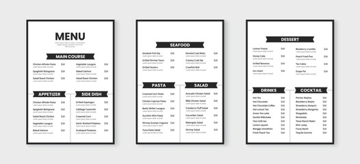 Fototapeta premium Simple food menu layout design. Menu template for restaurant and cafe. Flyer, brochure, poster vector design