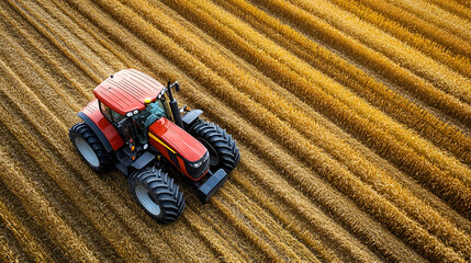 Obraz premium Aerial view Tractor harvesting field