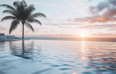 Serene sunset view from infinity pool with palm tree.