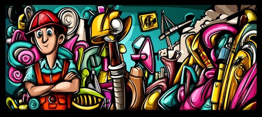 Happy worker in hardhat amidst colorful tools and equipment.