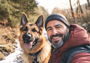 Happy man taking selfie with his German Shepherd dog during winter hike in snowy forest.