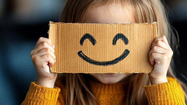A cheerful child holding a smiley face sign, promoting happiness and joy.