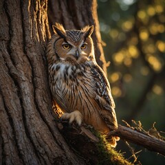 Fototapeta premium Close-up of an owl perched on a tree in the forest, with gray feathers featuring shades of brown, black, and white. It is standing on a branch, with big, staring eyes. A wild bird See Less 