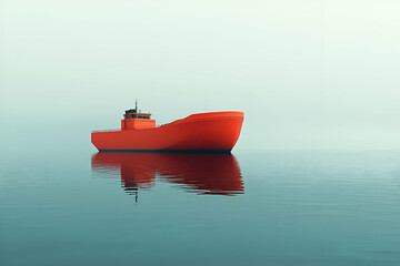 Red cargo ship calm sea fog illustration