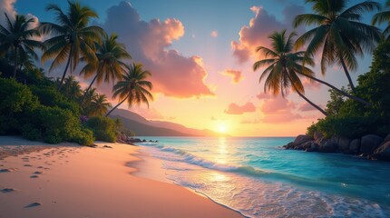Obraz premium Breathtaking Tropical Beach Sunset with Lush Palm Trees and Calm Waves in Paradise