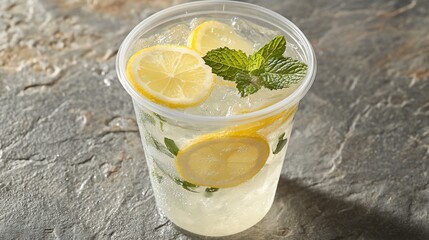 Refreshing lemonade drink in a plastic cup with lemon slices and mint leaves on ice.