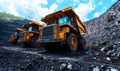 Coal mine trucks hauling ore, sunny day