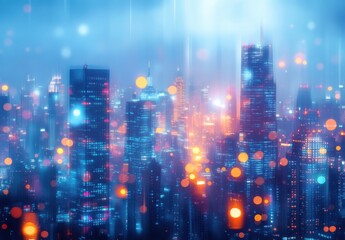 Fototapeta premium Captivating Urban Nightscape with Glowing Lights and Abstract Water Droplets in a Misty City Atmosphere Surrounded by Skyscrapers and Vibrant Colors