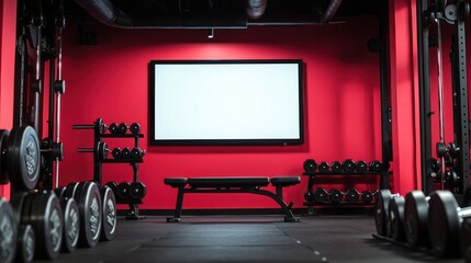 Gym setup featuring a blank digital screen surrounded by workout gear.