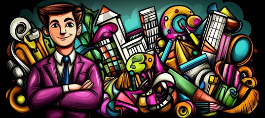 Obraz premium Confident businessman amidst colorful urban art and architecture.