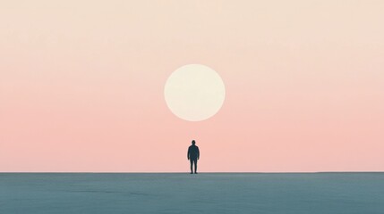 Fototapeta premium Solitary figure silhouetted against a large, pale sun in a pastel sky.