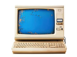 Isolated Distressed Retro Computer with Damaged Screen