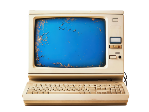 Isolated Distressed Retro Computer with Damaged Screen