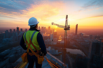 construction worker in safety helmet and vest overlooks city skyline at sunrise, with crane in background. scene captures beauty of urban development and promise of new day