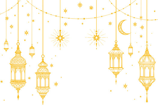 Arabic ornament lanterns ramadan kareem banner. Line islamic style decorations, islam outline decorative background. Oriental lamps decent vector template