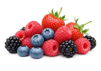 A fresh assortment of berries, including strawberries, blueberries, blackberries, and raspberries isolated on white background