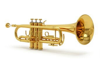 Obraz premium A shiny golden trumpet with intricate valves and a classic bell shape, symbolizing music and art isolated on white background