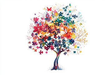 Fototapeta premium Colorful artistic tree with vibrant flowers, butterflies, and jigsaw puzzle pieces creating a whimsical nature scene for creative design projects