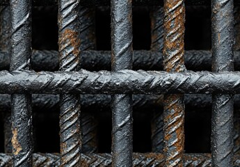 Close-up View of Rusty Rebar Grid with Textured Metal Bars Portraying Industrial Strength and Weathered Aesthetics for Construction or Design Projects