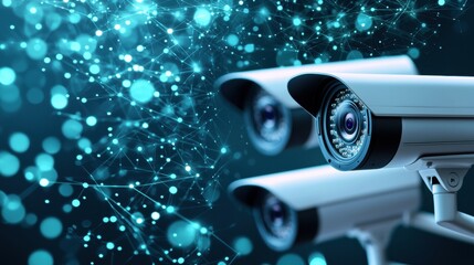 Surveillance and Security Futuristic interface displaying live surveillance feeds from multiple cameras, representing security monitoring, data analysis, and threat detection.