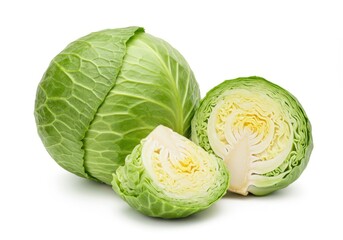 A whole green cabbage and a neatly cut half revealing its inner layers, isolated on a white background