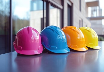 Colorful hard hats arranged in a row on a stylish table surface, showcasing vibrant hues of pink, blue, orange, and yellow for construction or safety-related themes.