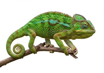A colorful chameleon with green, orange, and blue patterns perched on a small branch, isolated on a white background