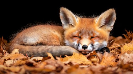 Fototapeta premium Sleeping fox kit amidst autumn leaves, nature background; wildlife photography