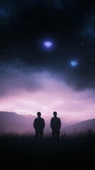 Two silhouetted figures stand under a starry sky, gazing at ethereal lights and a surreal atmosphere, evoking a sense of wonder and exploration.