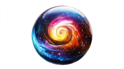 A cosmic cut-out image of a luminous galaxy spiral swirling inside a translucent crystal sphere, rainbow color spectrum blending into the edges, isolated on a clean white background