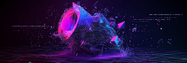 Abstract digital art of a vibrant, geometric object exploding into particles over water.