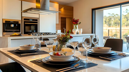 Fototapeta premium Open-plan kitchen and dining space, marble counters, sleek appliances, elegant table setting