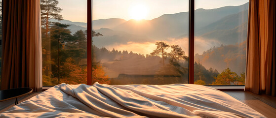 morning view from the bed through a window into the enchanting nature, sunrise, forest, mountains, snow