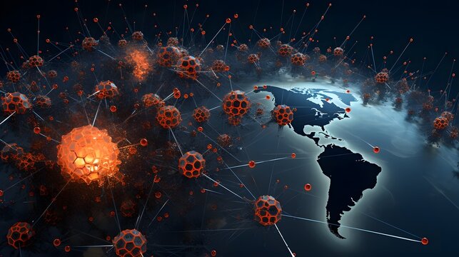 Microscopic virus particle splitting and spreading across a detailed world map visualization