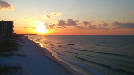 Naklejka premium Serene Sunrise over Ocean Beach with Waves and Golden Horizon