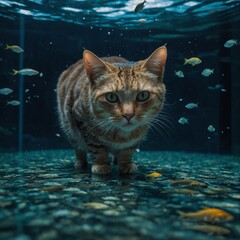 cat in the sea
underwater photography of a cat
A cat lounging in a fantastical underwater-themed room. Curious Cat Watching Fish in Aquarium,orange cat standing and looking gold fish in the tank
