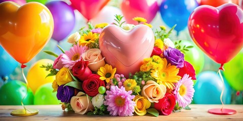 Warm heart with gentle smile, surrounded by colorful balloons and flowers, radiating love and care for motherly affection, colorful decor, bouquet of flowers