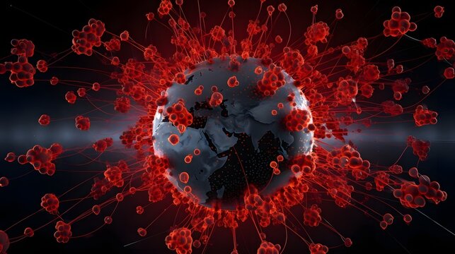 of a global trade network disrupted and impacted by the spread of virus particles radiating from China symbolizing the economic and supply chain challenges faced during a pandemic