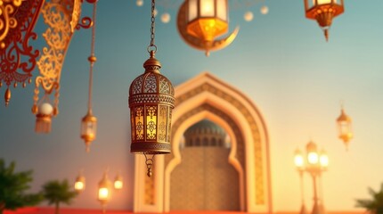 Obraz premium Ramadan Kareem background, 3D rendered with a modern, luxurious aesthetic. An ornate Arabic lantern, a metallic moon, and a mosque portal are the main