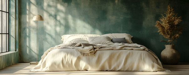 Sunlit bedroom, teal wall, plants, window
