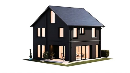 A modern two-story house with an elegant design. The facade is dark in color, while the large windows allow a glimpse of the warm interior lighting.