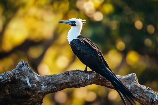 Magnificent frigatebird perched on a weathered branch against a blurred, sunlit background.