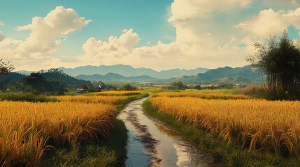 Naklejka premium Golden Rice Fields Tranquil Landscape Warm Sunlight. AI Generated