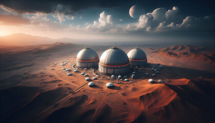 Colonization of developed modern technological glass iron domes full of trees on the orange desert of Mars	