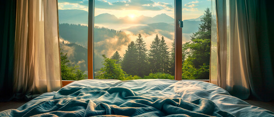 morning view from the bed through a window into the enchanting nature, sunrise, forest, mountains,...